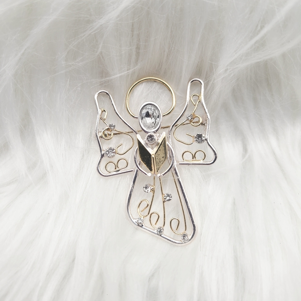 Holiday Angel Brooch with Gold & Silver Sparkling Rhinestone Accents